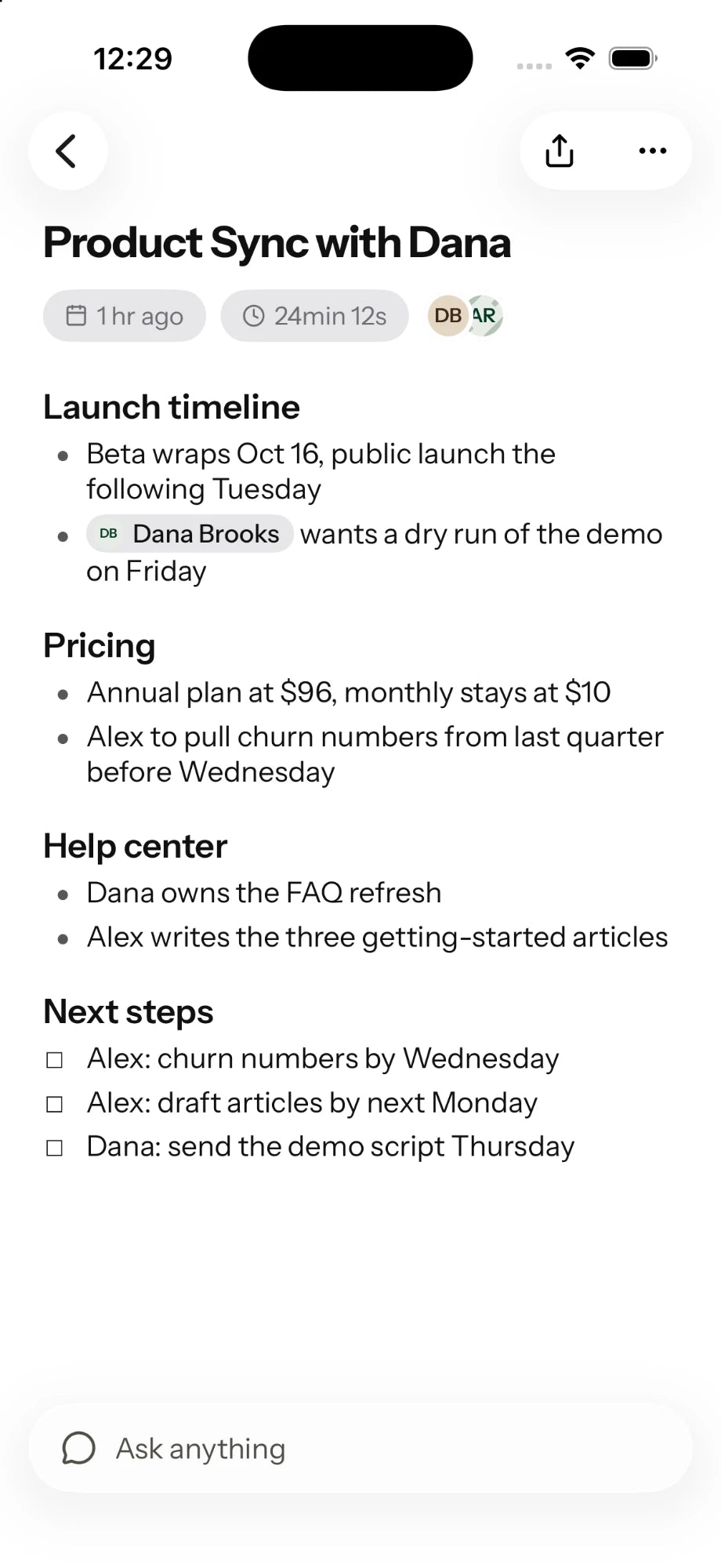 Meeting Summaries in the Once app