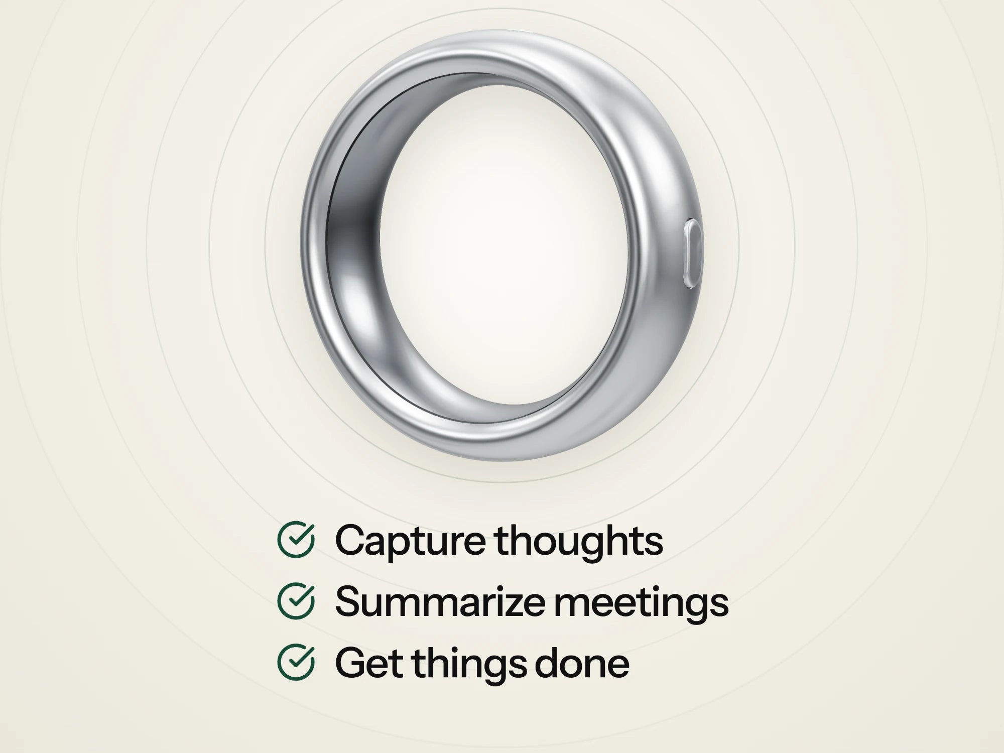 The Once Ring, with the three things it does: capture thoughts, summarize meetings and get things done.